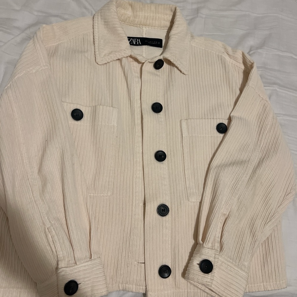 Zara Beige Textured Jacket with Black Buttons